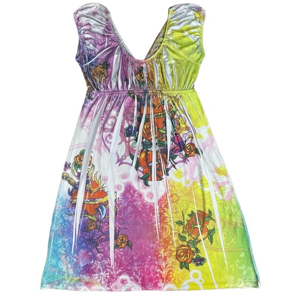 Press Apperal size large rainbow tie dye Ed Hardy style sparkly slinky dress EUC - Picture 5 of 12